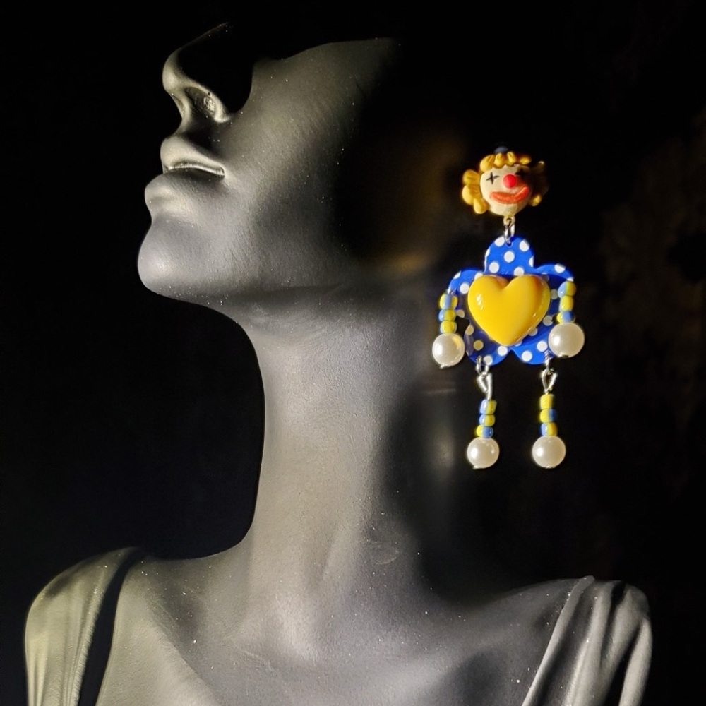 Colorful Yellow Hearts Blue White Polka Dots Clown Silver Cartoon Earrings